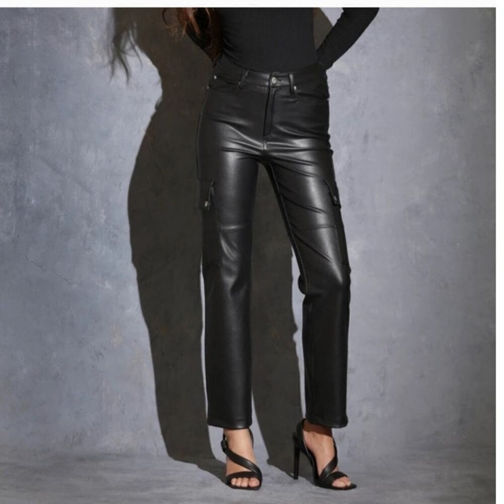 Avec Les Filles Gabi Faux Leather Pant Cargo Utility Small High Rise Straight - Picture 1 of 12